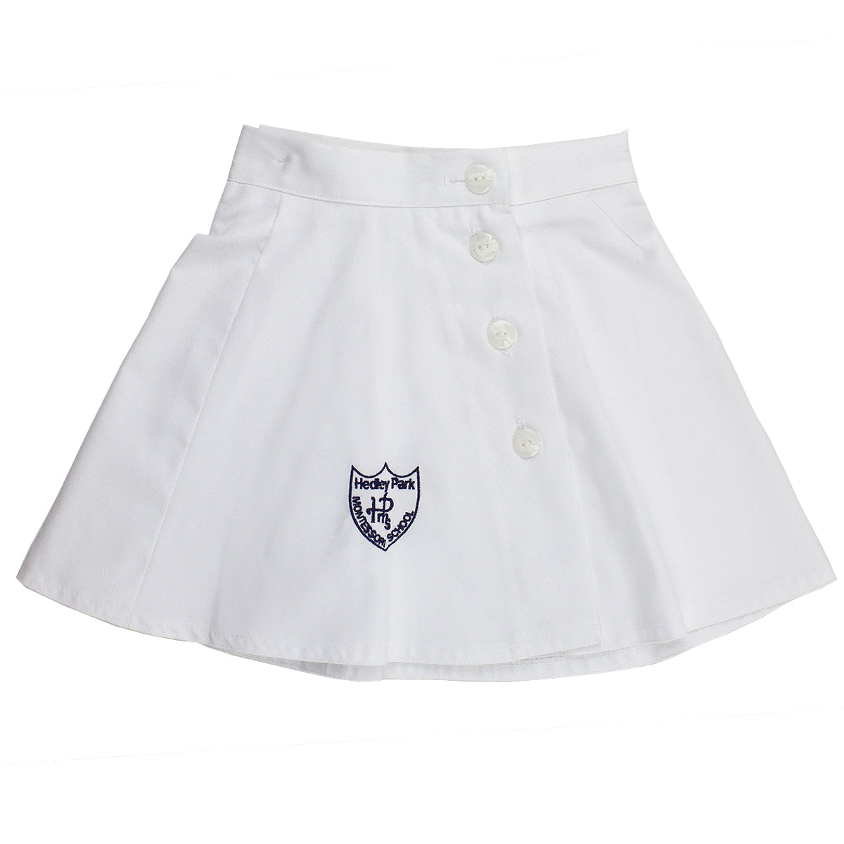 A photo of the Hedley Park Tennis Skirt in White with embroidered School Crest on the bootm center of the skirt