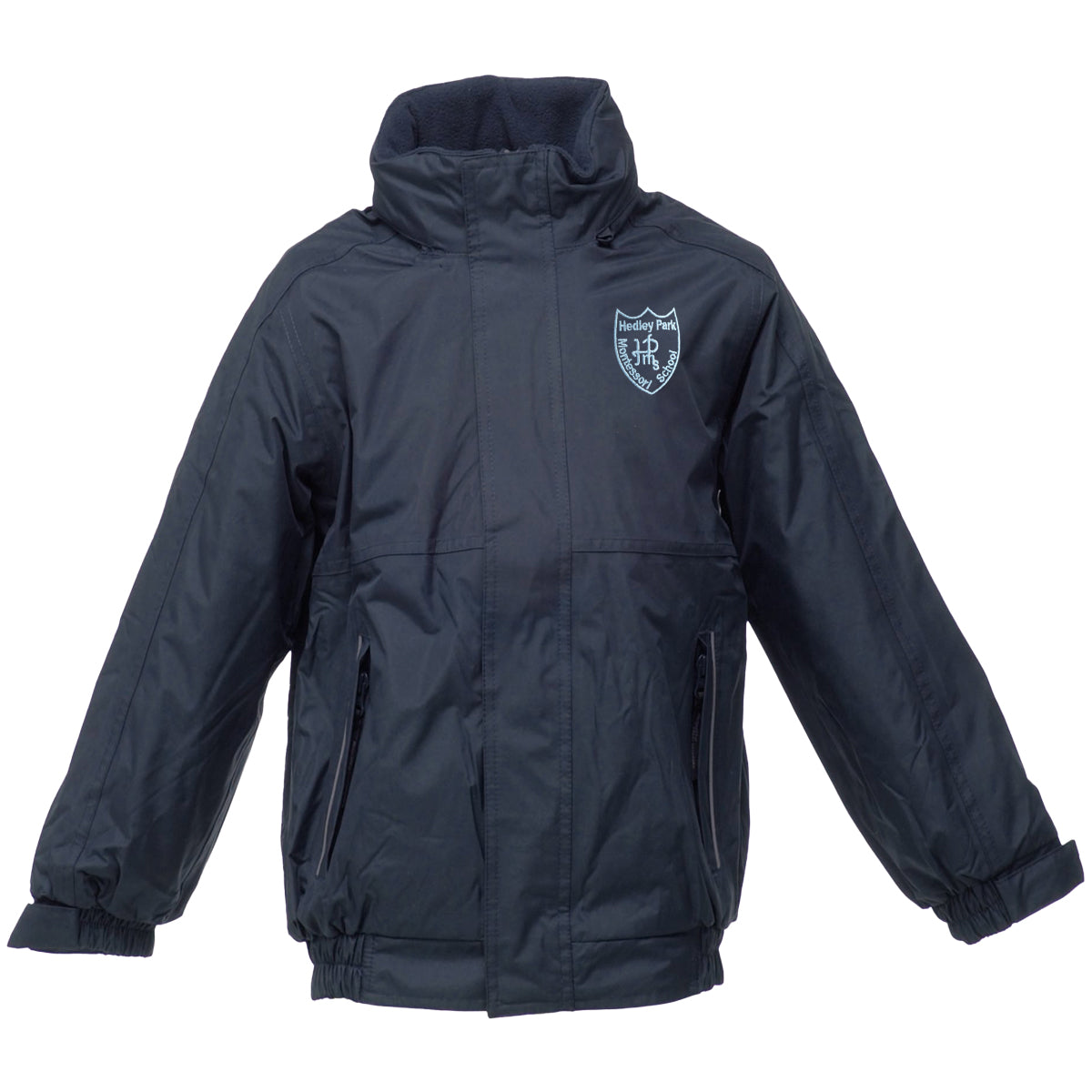 A photo of the Hedley Park Jacket in Navy with embroidered School Crest on left chest.