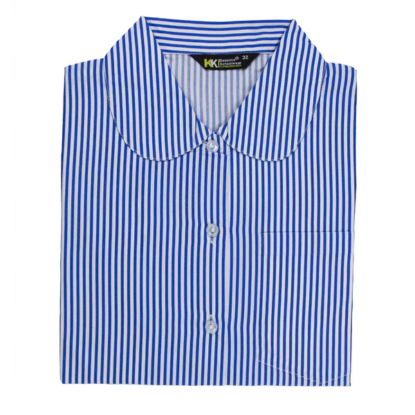 A photo of the John Scottus Primary Blouse in Blue/White Stripe