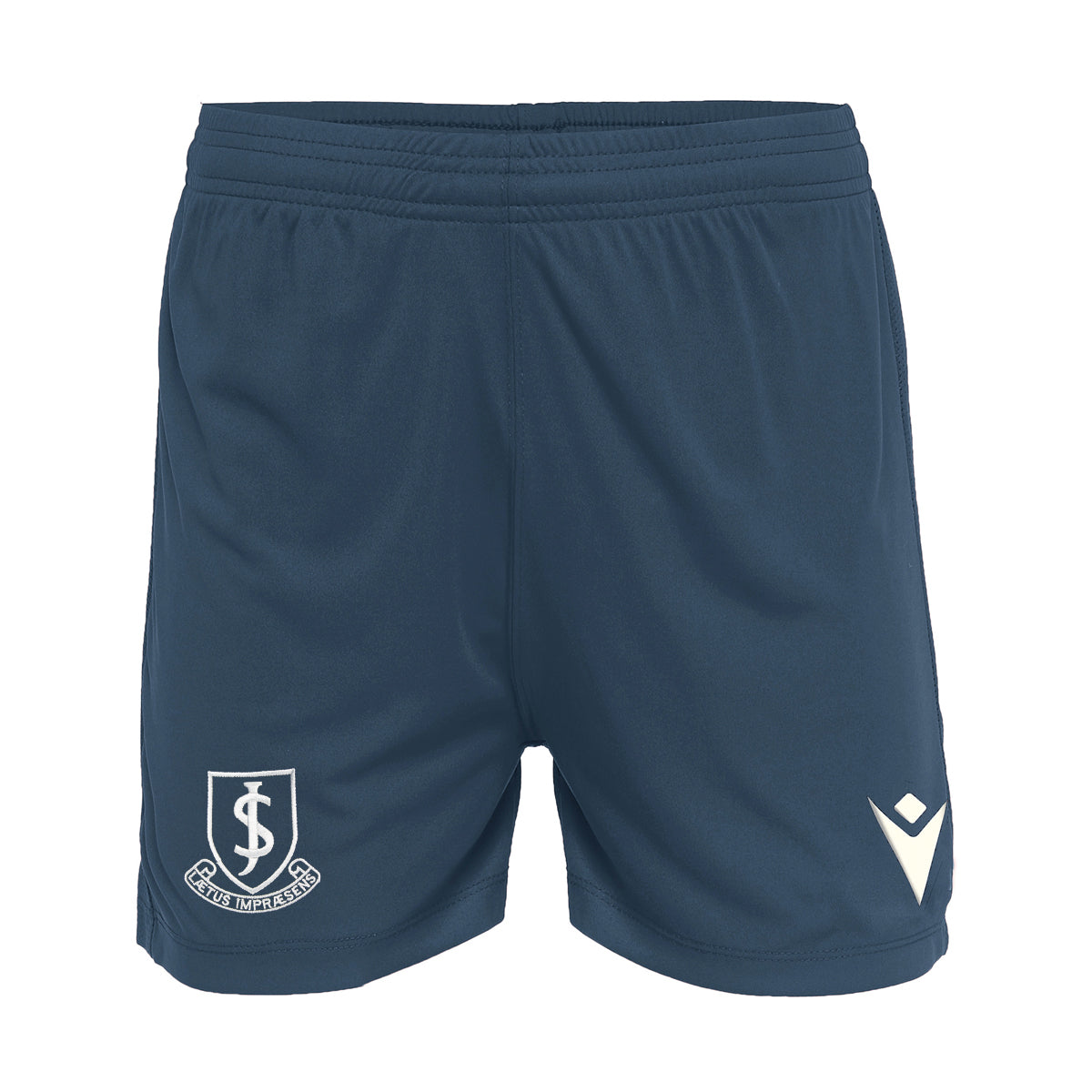 A photo of the JS Girls Shorts in Navy with embroidered School Crest on right leg.