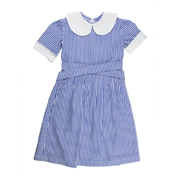 A photo of the John Scottus Primary Summer Dress in Navy/Stripe with Peter Pan Collar.