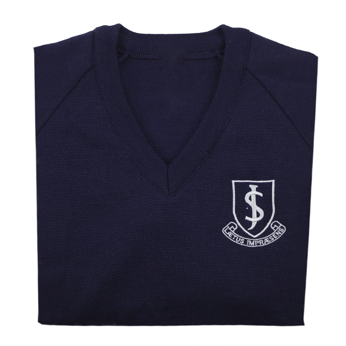 A photo of the John Scottus Senior Pullover in Navy with embroidered school crest on left chest.