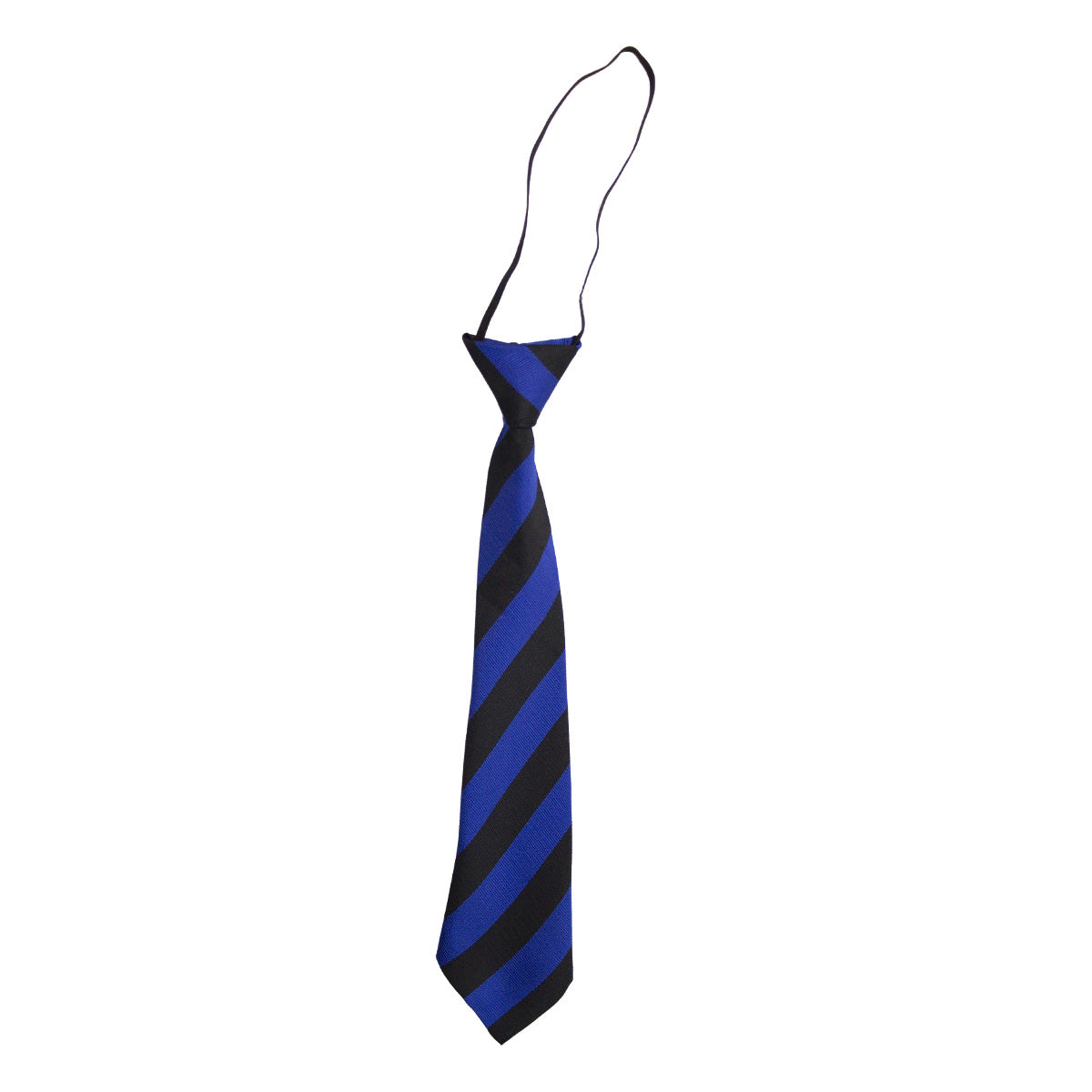 A photo of the John Scottus Primary Elasticated Tie in Royal/Black stripe.