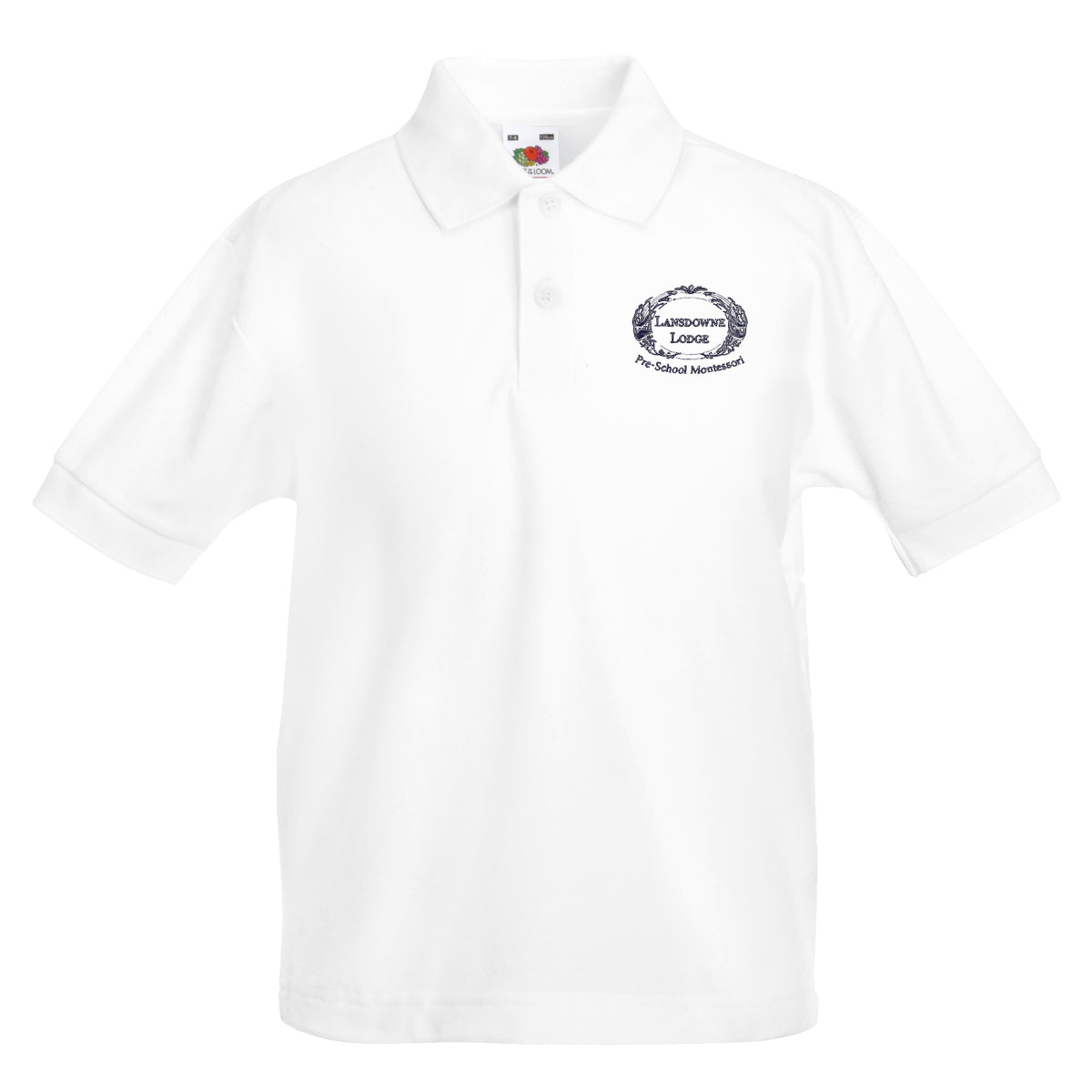 A photo of the Lansdowne Lodge Montessori Polo in White with embroidered school crest on left chest