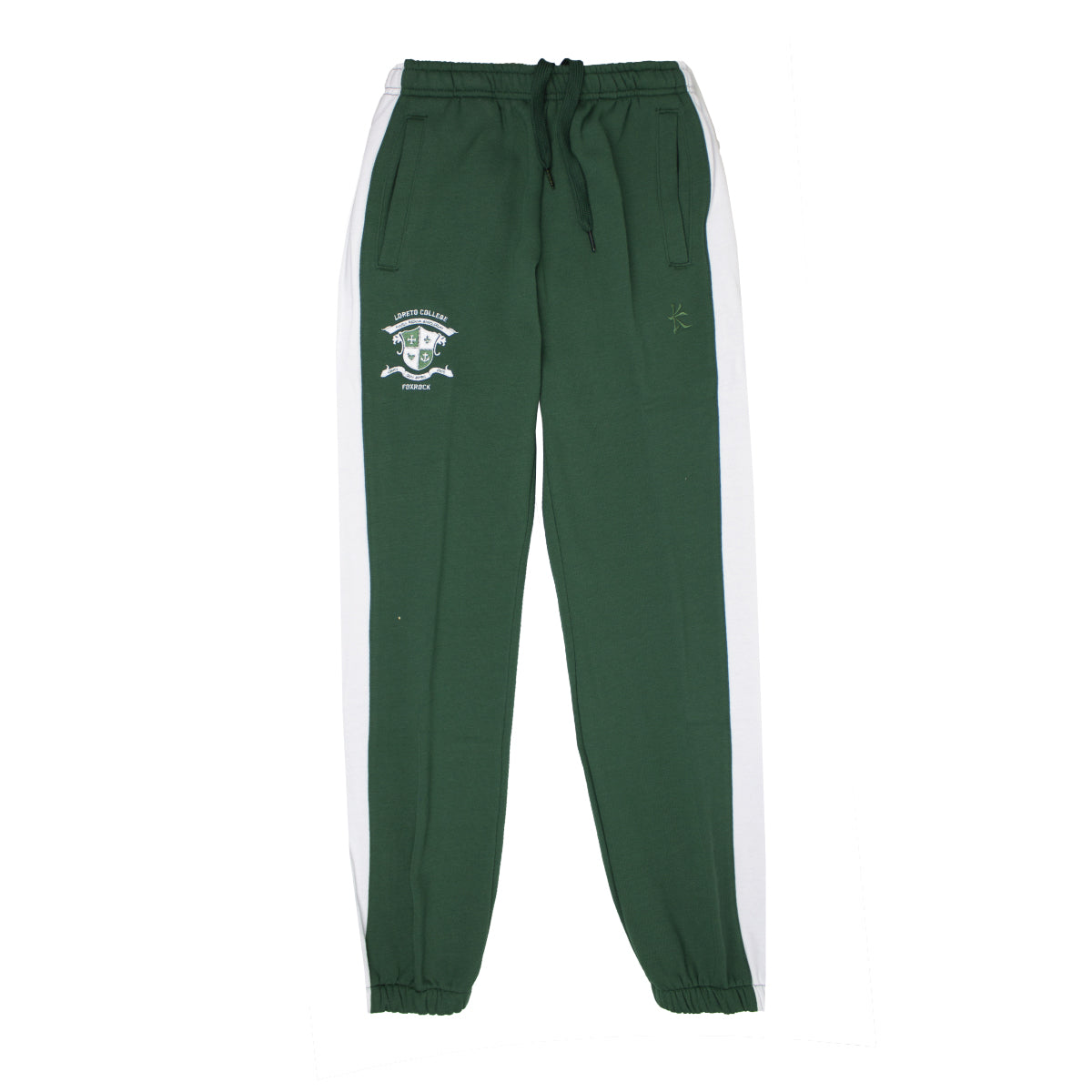 A photo of the Loreto Foxrock Tracksuit Bottoms, in colour green with white stripe down the side of the leg. Embroidered school crest on right leg.