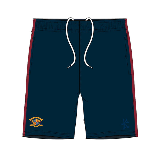 A photo of the Loreto College St. Stephen's Green Gym Shorts in Navy and red stripe with school crest on right leg.