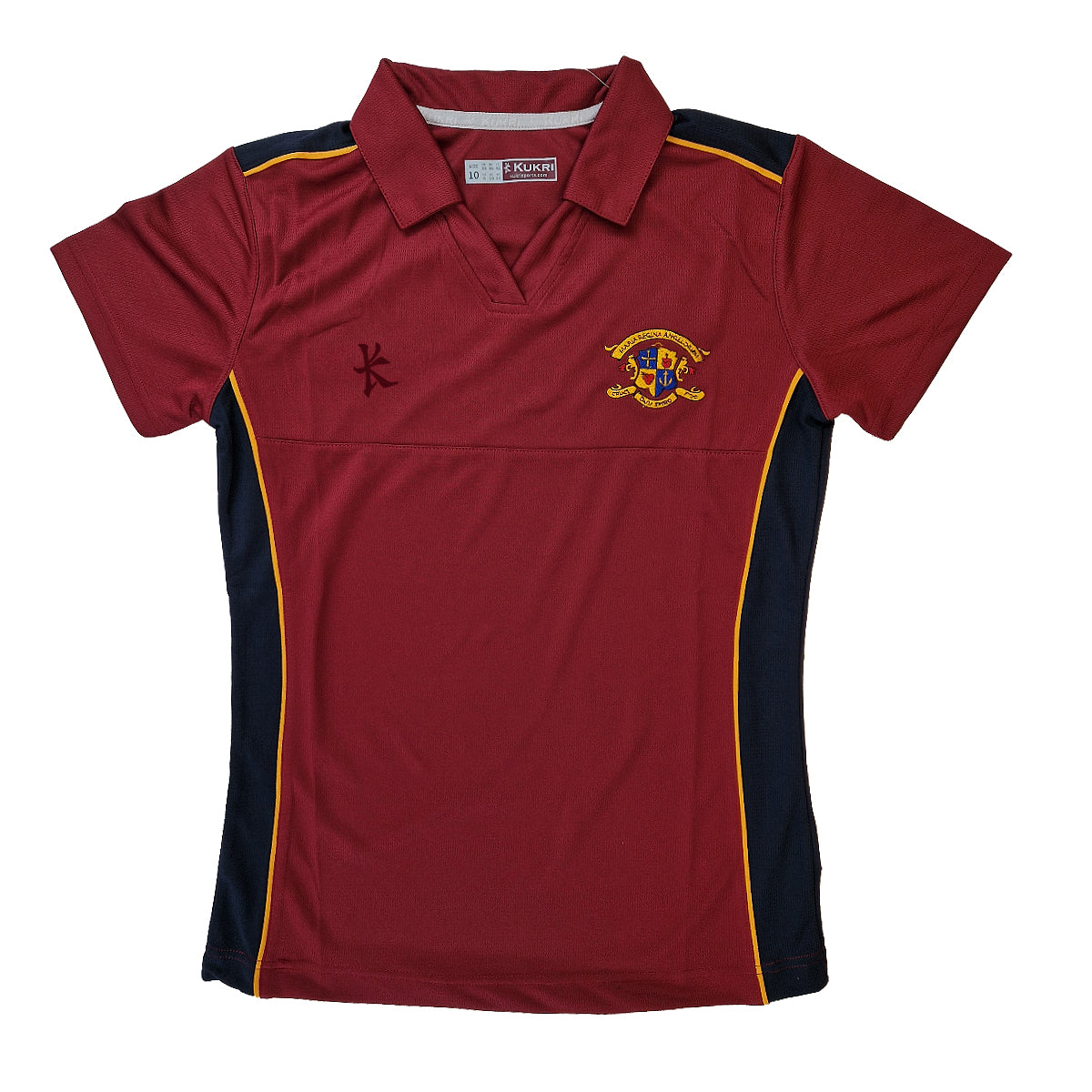 A photo of the Loreto College St Stephen's Green Multi Sport Top in Burgundy & contrasting navy side panels. Embroidered school crest on left chest.