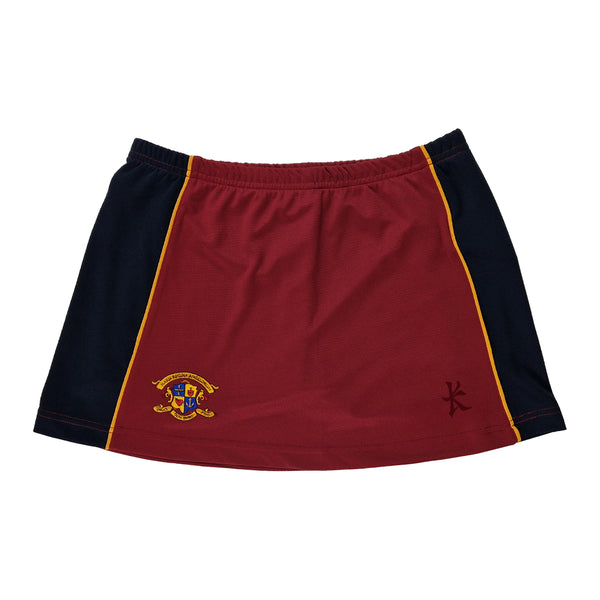 A photo of the Loreto College St Stephen's Green Skort in Burgundy with Navy side panels. Embroidered school crest on left leg.