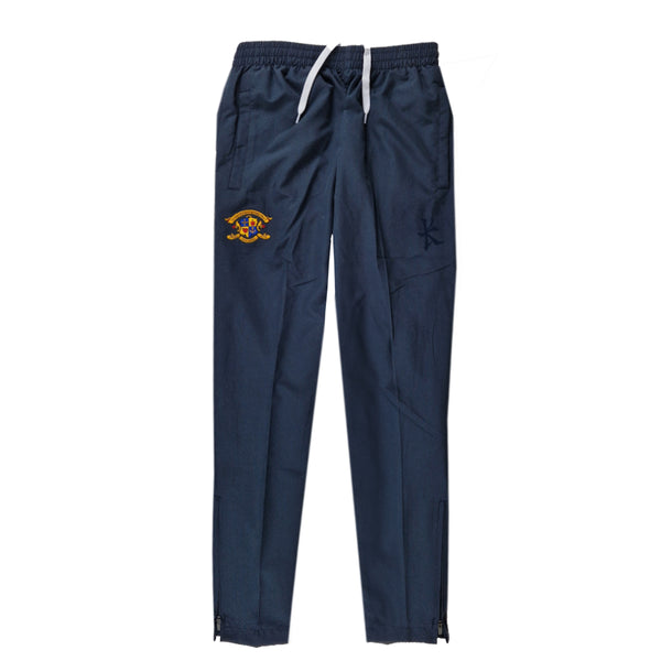 A photo of the Loreto College St Stephen's Green Tracksuit Bottoms in Navy, with embroidered school crest on right leg.