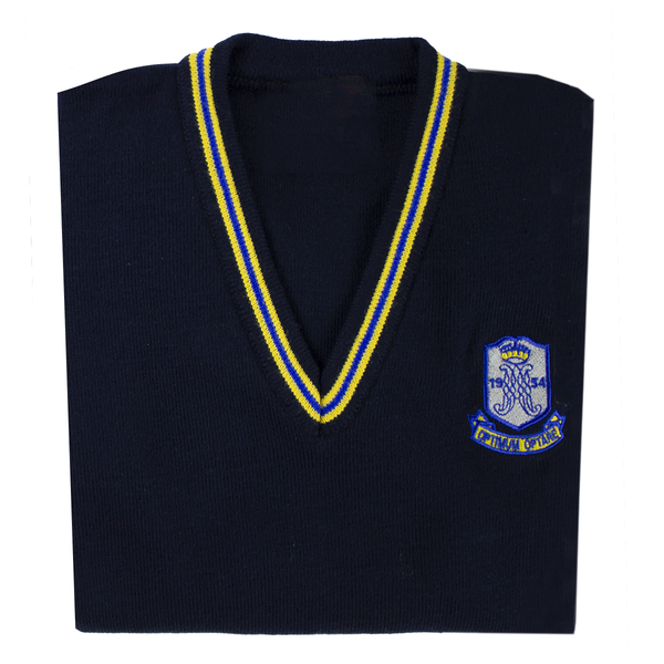 A photo of the Marian College Senior Pullover , Navy with yellow piping around collar.