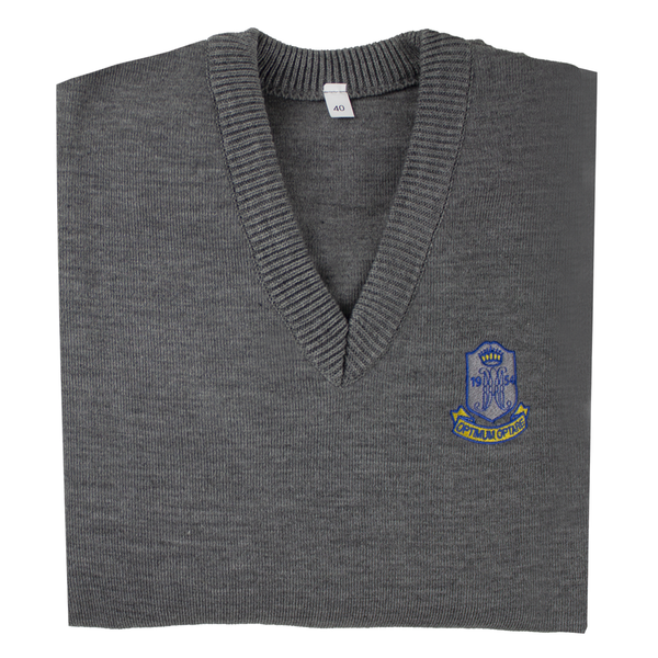 A photo of the Marian College Pullover in Grey, front view