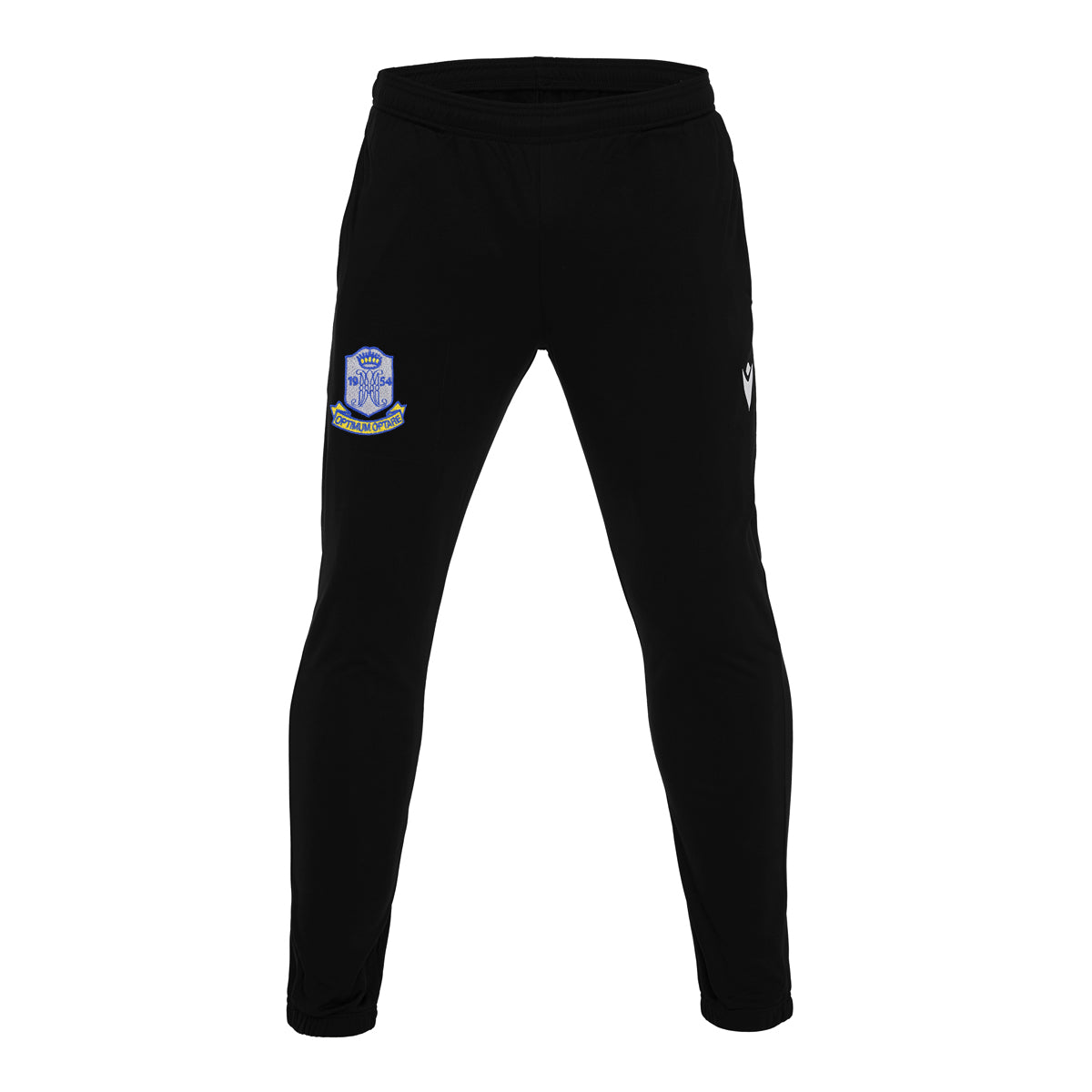 A photo of the Marian College Tracksuit Bottom in Black, with embroidered school crest on left leg. front view 