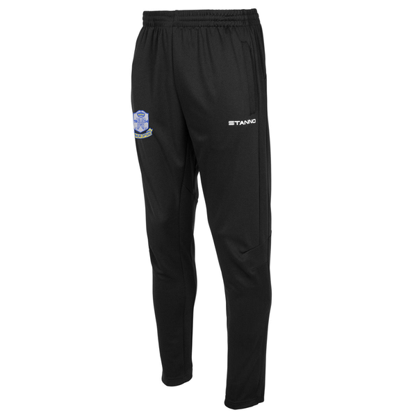 A photo of the Marian College Tracksuit Bottom in Black, front view and to the side