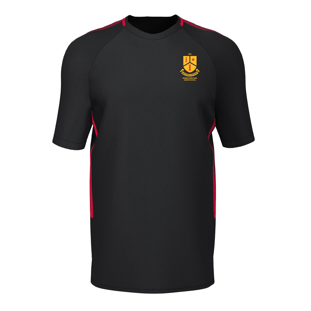 A photo of the Monkstown Park Junior School T-Shirt in Black with contrastin Red panels. Embroidered with School Crest on Left Chest. Front view