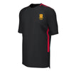 A photo of the Monkstown Park Junior School T-Shirt in Black with contrastin Red panels. Embroidered with School Crest on Left Chest. Front-sideview