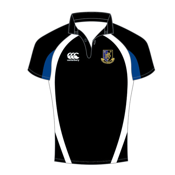 A photo of the Mount Temple Comprehensive School Senior Rugby Jersey in Black with White & Blue inset panels on side & sleeves