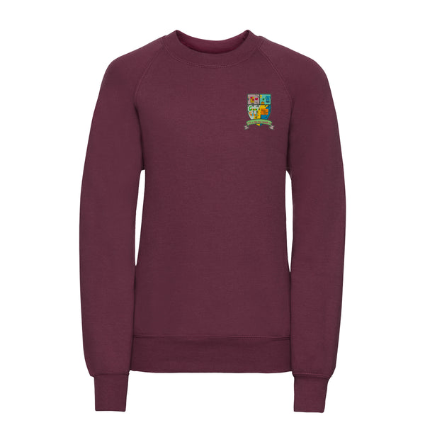 A photo of the Mountpleasant National School Crew Neck in Maroon, with embroidered school crest on left chest.