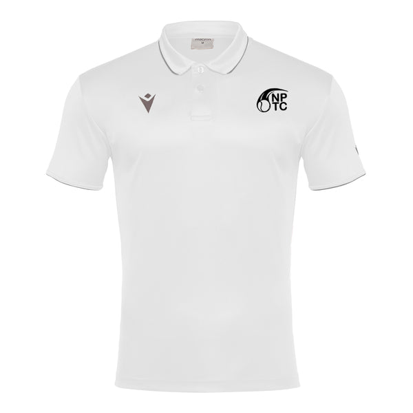 A photo of the Newtown Park Tennis Club 'Draco' Polo Shirt in White with embroidered club crest on left chest. Front view