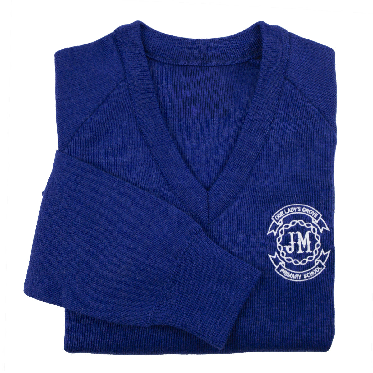 A photo of the Our Lady's Grove Goatstown Pullover in Royal Blue, with school crest embroidered on left chest.