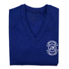 A photo of the Our Lady's Grove Goatstown Pullover in Royal Blue, with school crest embroidered on left chest.