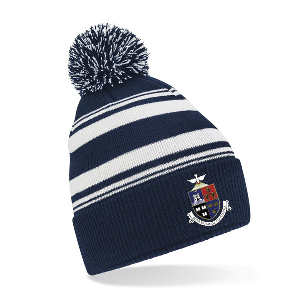 A photo of the Rockwell College Bobble Hat in Navy/White Stripe with embroidered Rockwell College Crest on front.