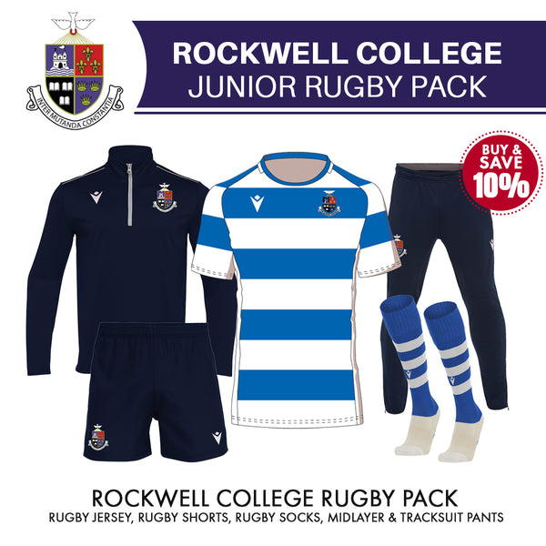 Rockwell College junior rugby pack with jersey, shorts, socks, and pants on a white background.
