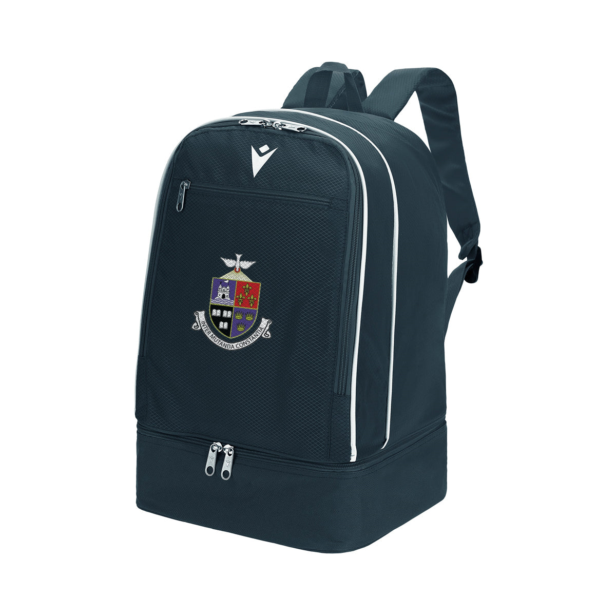 A photo of the Rockwell College Backpack in colour Navy, with embroidered school crest on front.