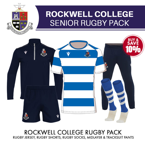 Rockwell College rugby pack with jersey, shorts, socks, and pants on a white background