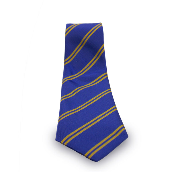 Pictured isa close up of the Marian College Senior Tie in Royal with diagonal thin Gold Stripe