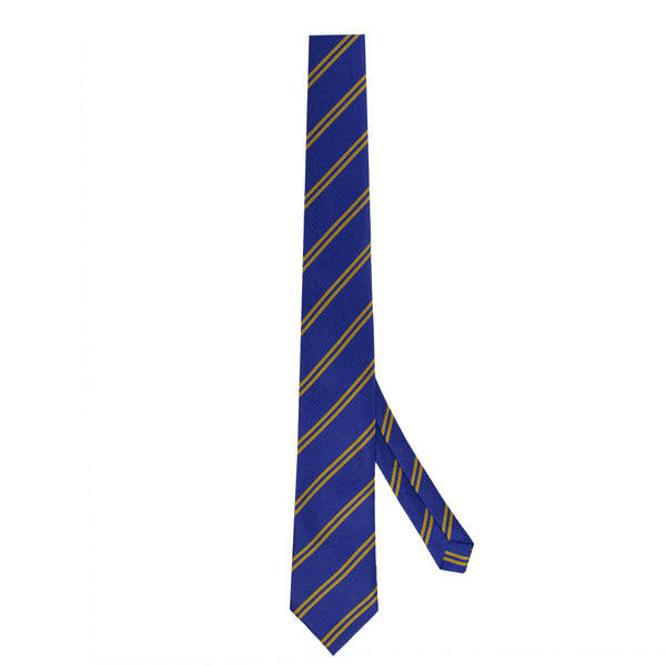 Pictured is the Marian College Senior Tie in Royal with diagonal thin Gold Stripe