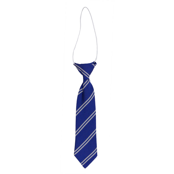 A photo of the St. Michael's College Junior Elastic Tie in Royal with thin white diagonal stripes.
