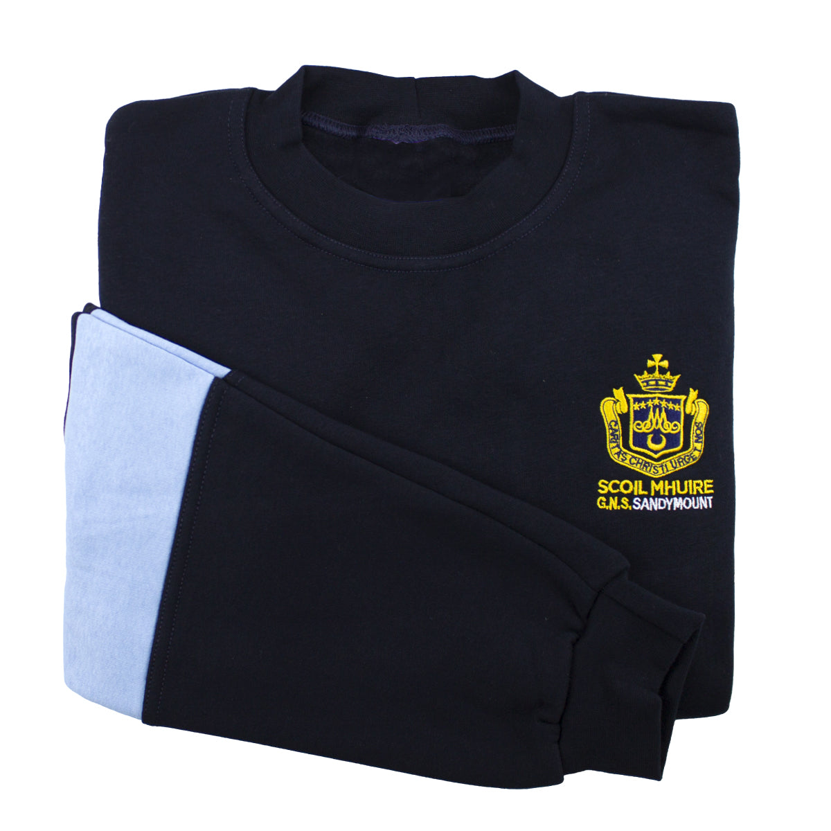 Scoil Mhuire Lakelands Tracksuit Top in Navy, with embroidered school crest on left chest. Pictured also is the sleeve detail with Sky inset around mid slleve.