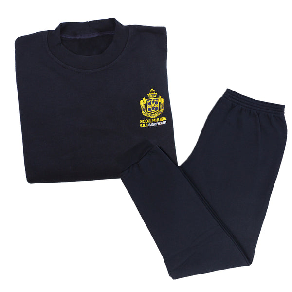 Scoil Mhuire Lakelands Tracksuit in Navy with the Tracksuit Top embroidered with the school crest on the left chest.