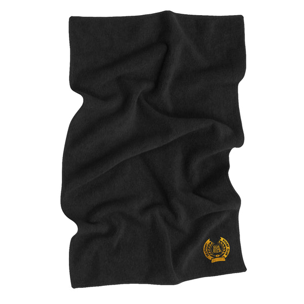 A phot of the Seapoint RC Gym Towel in Black with embroidered crest in bottom left corner