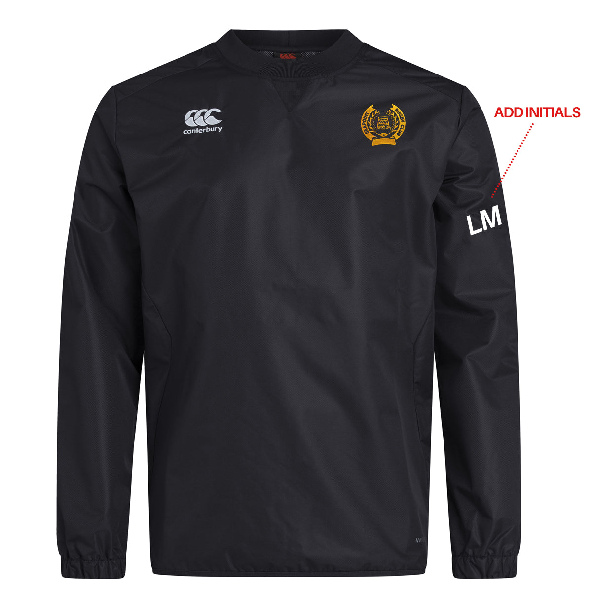 A photo of the Seapoint RC Vaposhield Training Top in Black, with embroidered club crest on left chest. Add initials