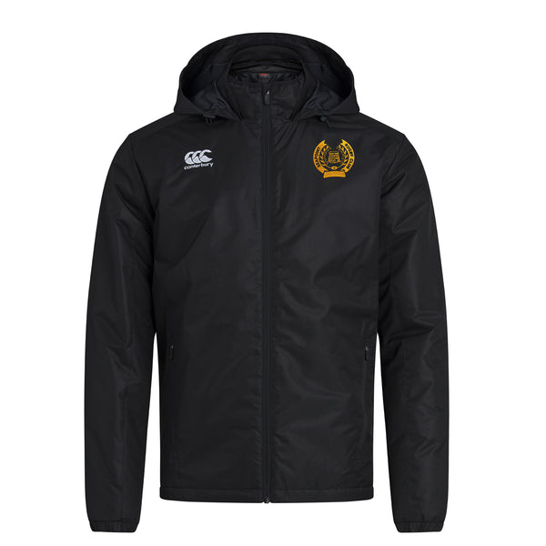 A photo of the Seapoint RC Stadium Jacket in Black, with embroidered club crest on left chest. 