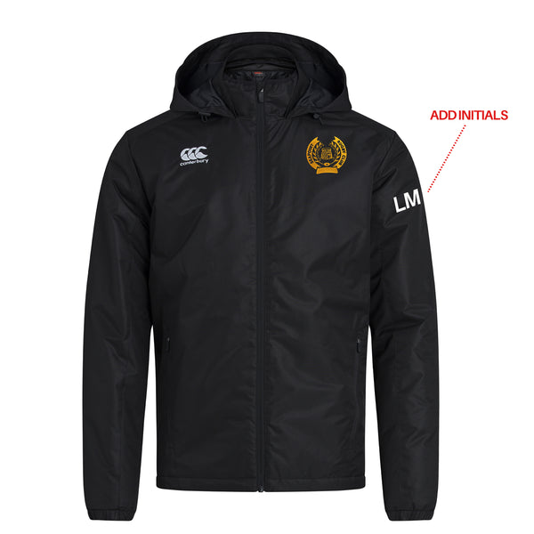 A photo of the Seapoint RC Stadium Jacket in Black, with embroidered club crest on left chest. Add initials