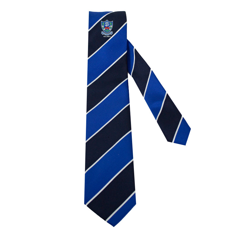 A photo of the St. Joseph's of Cluny Boys Tie in Royal/Black stripe with embroidered school crest on front.