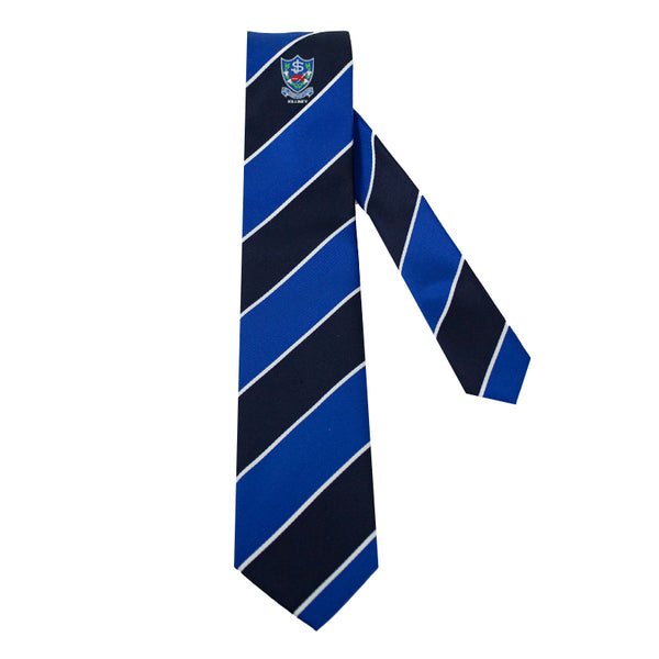 A photo of the St. Joseph's of Cluny Boys Tie in Royal/Black stripe with embroidered school crest on front.