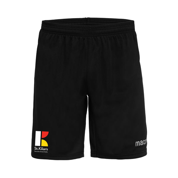 A photo of the St Kilian's Deutsche Schule Gym Shorts in Black with embroidered school crest on tigh leg.