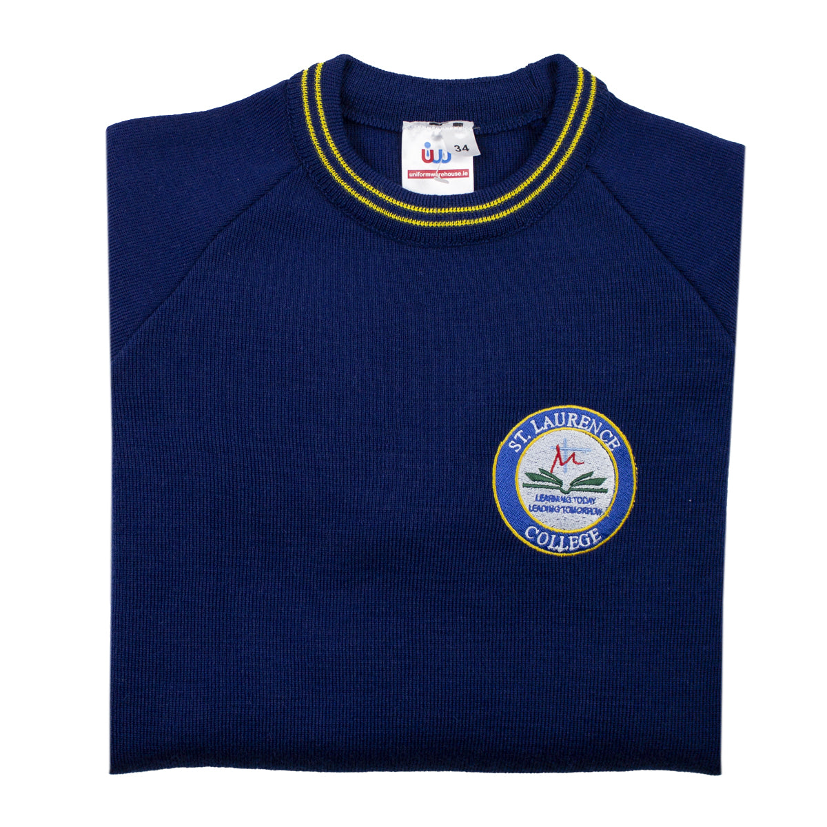 A photo of the St Laurence College Junior Pullover (1st-3rd Year) in Ruyal/Gold, with embroidered SchoolCrest on left chest.