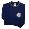 A photo of the St Laurence College Junior Pullover (1st-3rd Year) in Ruyal/Gold, with embroidered School Crest on left chest. The image also highlights the pullover cuff detail.