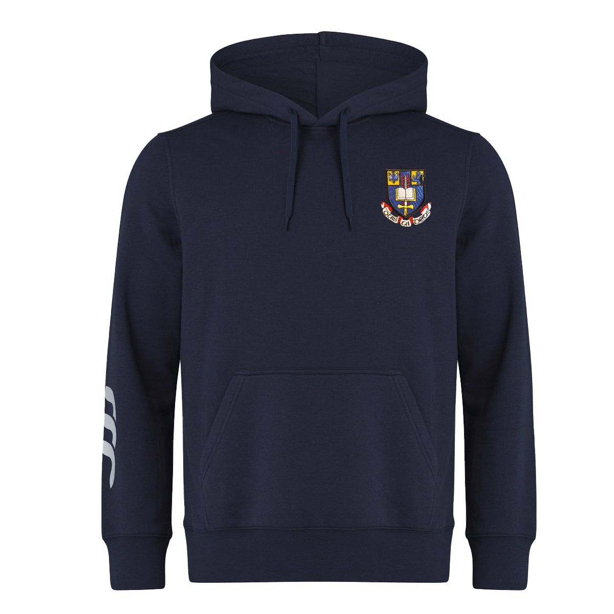 A photo of the St. Michael's College Senior Hoody in Navy, with embroidered school crest on left chest.