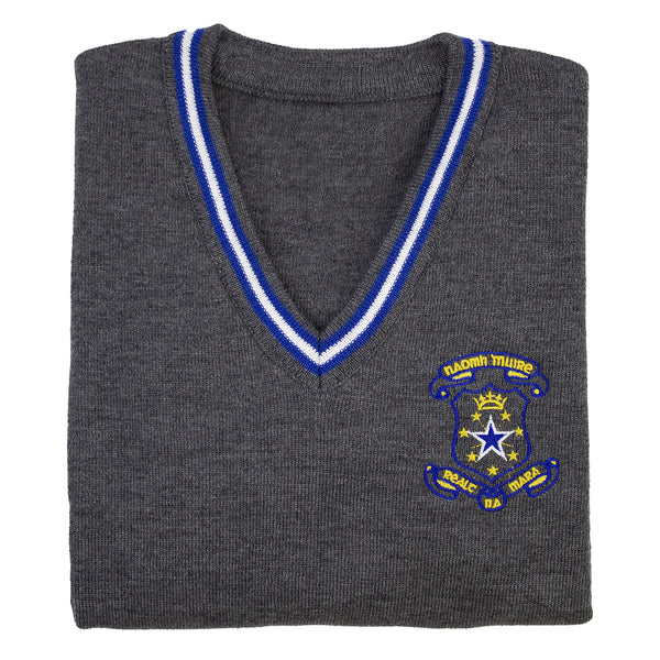 Pictured is the Star of the Sea Sandymount Pullover in Grey with blue & white piping detail on collar