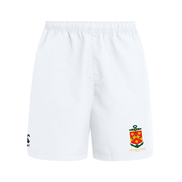 A photo of the The High School Hockey Short in White with embroidered school crest on left leg.