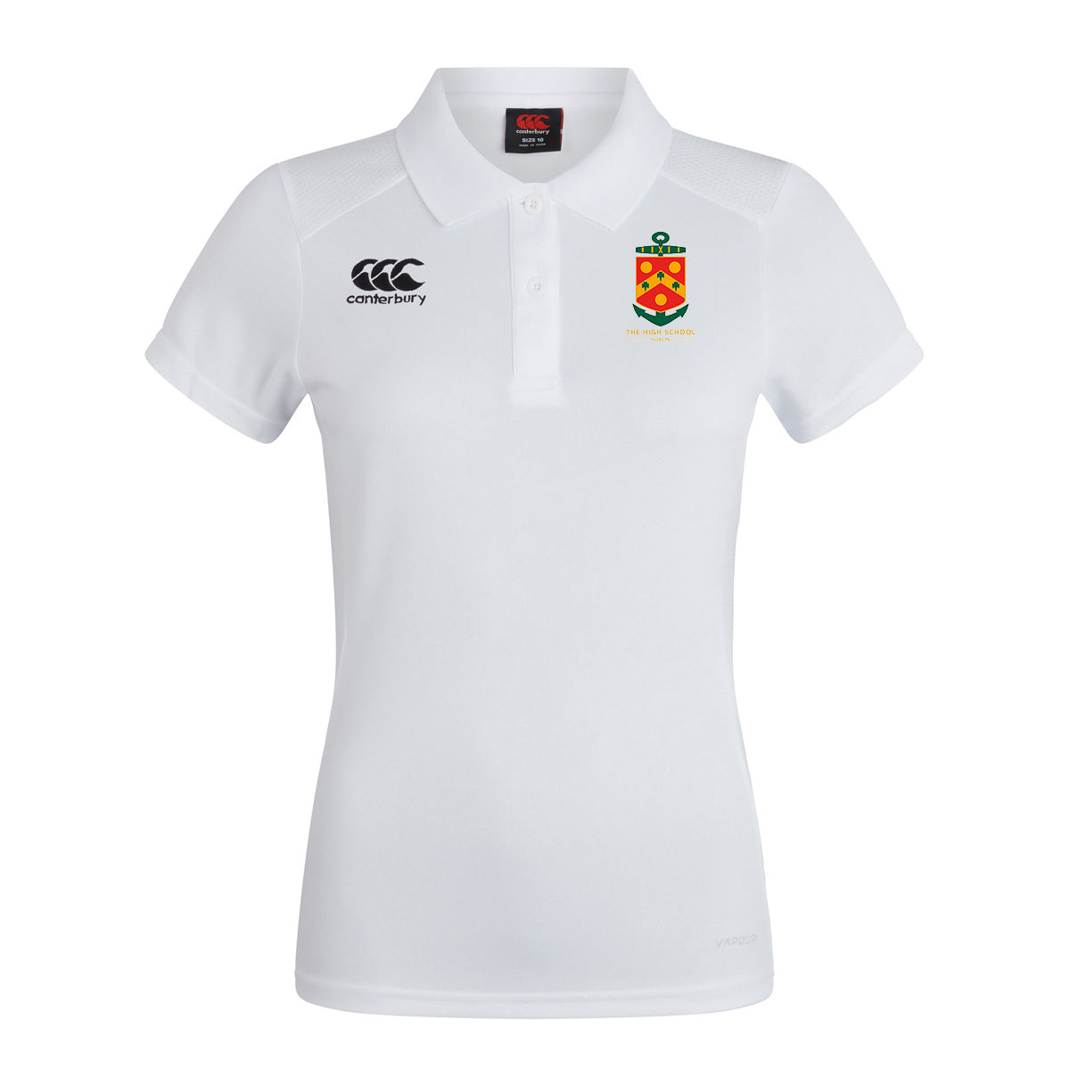 A photo of the The High School Canterbury Girls Formal Polo in White, with embroidered school crest on left chest.