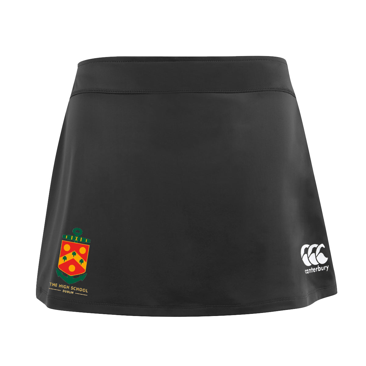 A photo of the The High School Girls Hockey Skort in Black with embroidered school crest on right leg.