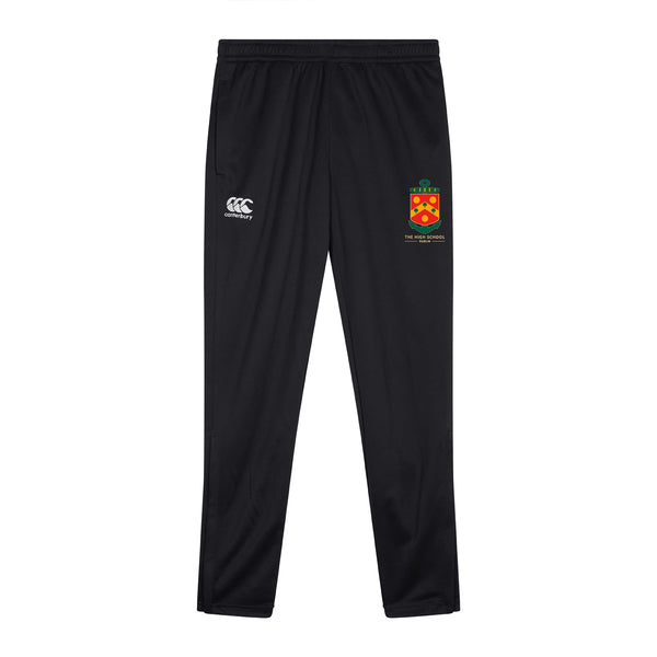 A photo of the The High School P.E. Boys' Tracksuit Bottom in Black with embroidered school crest on left leg.