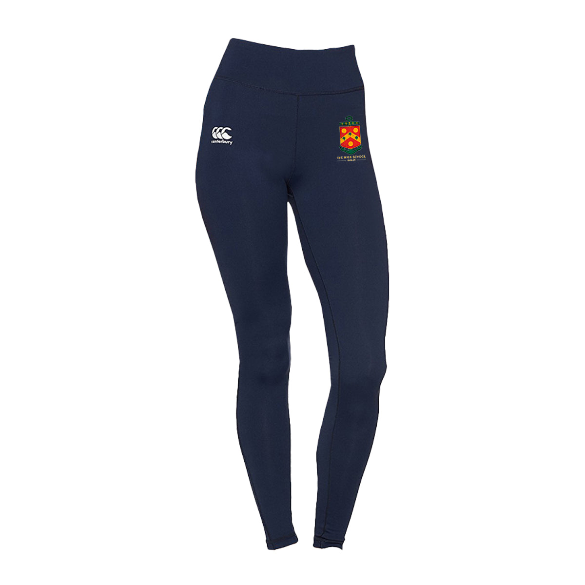 A photo of the The High School Legging in Navy with school crest on left hip.