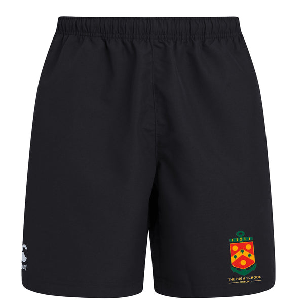 A photo of the The High School P.E. Short in Black with embroidered school crest on left leg.